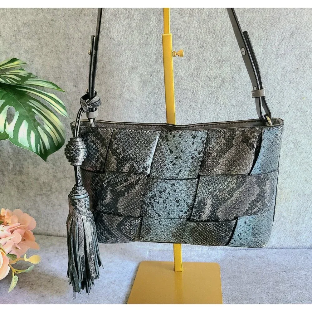 VGUC Vince Camuto Blue and Grey Snakeskin Print Leather Crossbody with Tassel - Picture 2 of 12